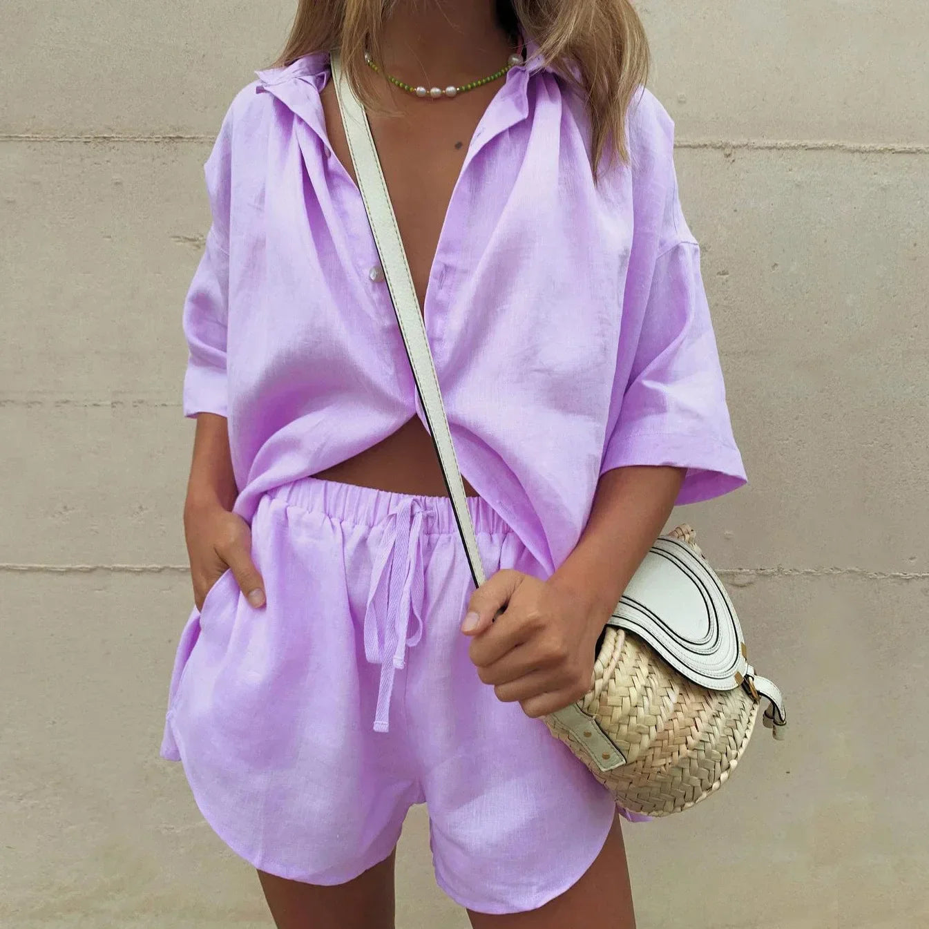 Women's Linen Style Two-Piece Set | Casual Summer Shirt and Shorts