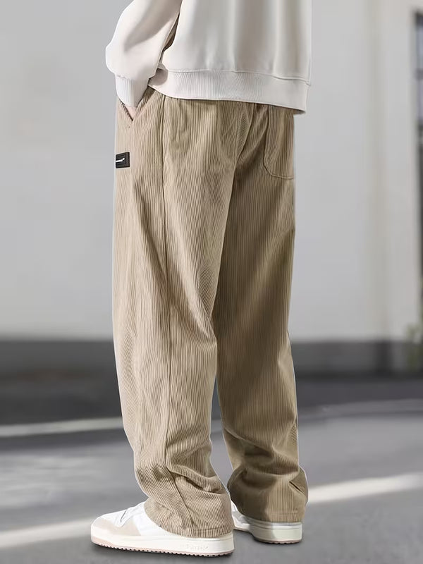 Men's Relaxed Fit Corduroy Trousers | Drawstring Straight-Leg Casual Pants