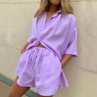 Women's Linen Style Two-Piece Set | Casual Summer Shirt and Shorts