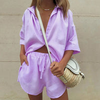Women's Linen Style Two-Piece Set | Casual Summer Shirt and Shorts