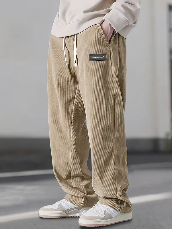 Men's Relaxed Fit Corduroy Trousers | Drawstring Straight-Leg Casual Pants