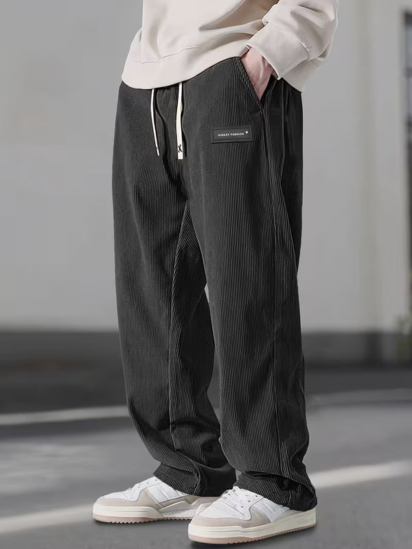 Men's Relaxed Fit Corduroy Trousers | Drawstring Straight-Leg Casual Pants