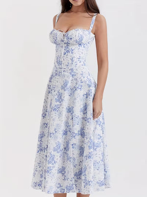 Women's Floral Midi Dress | Elegant Spaghetti Strap Summer Dress
