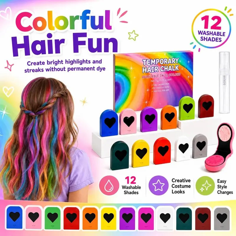 Washable Temporary Hair Chalk – 6 – 12 Vibrant Colors